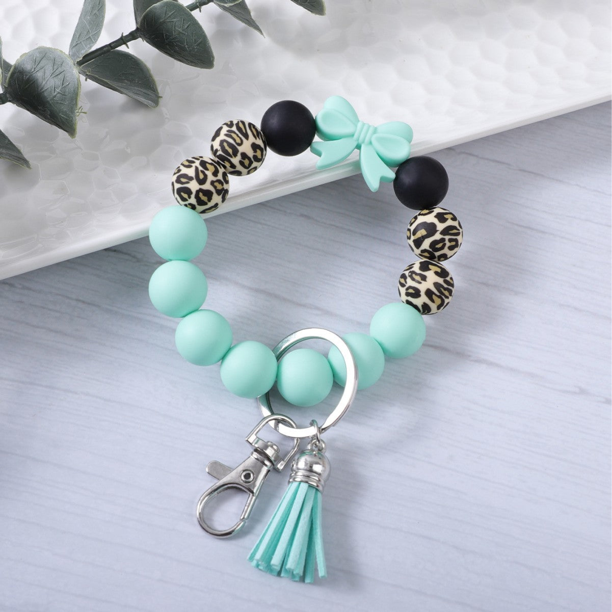 Wholesale Colorful Bow Leopard Print Silicone Beaded Tassel Bracelet Keychain